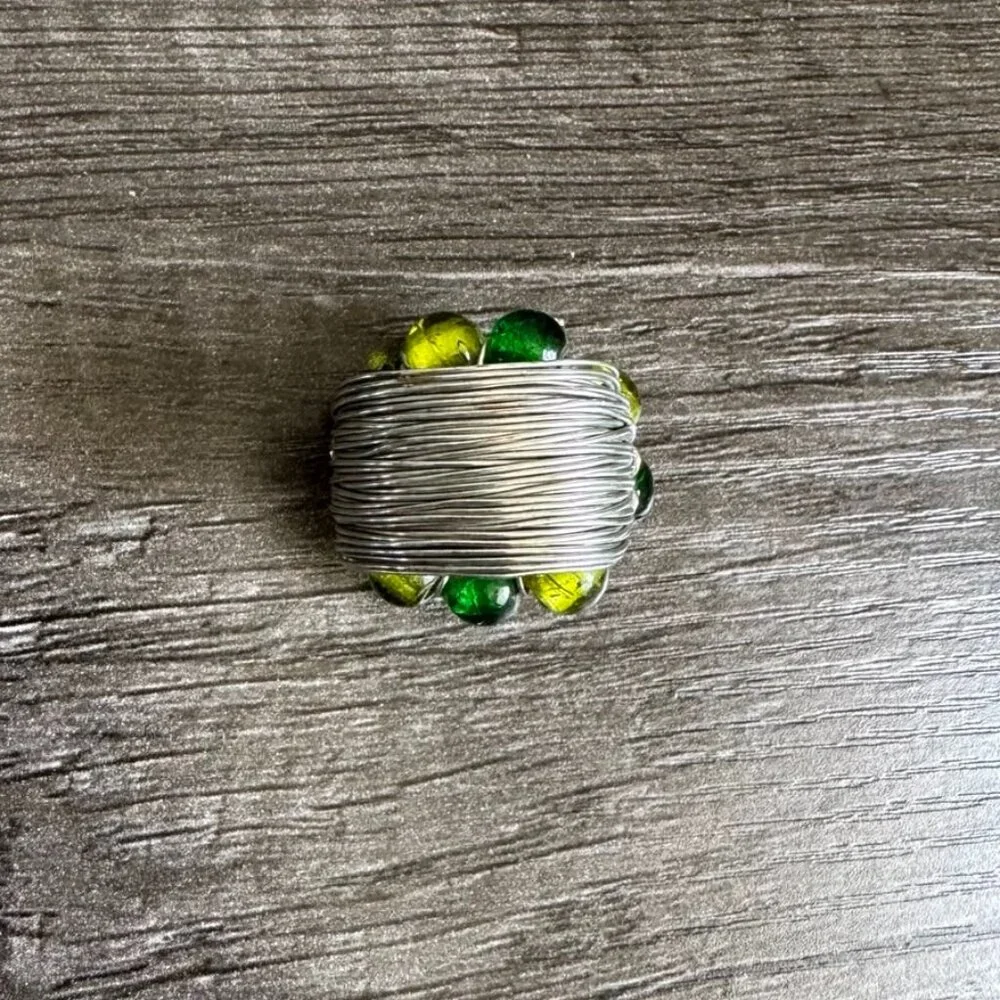 Handmade Wire-Wrapped Stainless Ring with Green & Yellow Glass Beads Size, 5.5